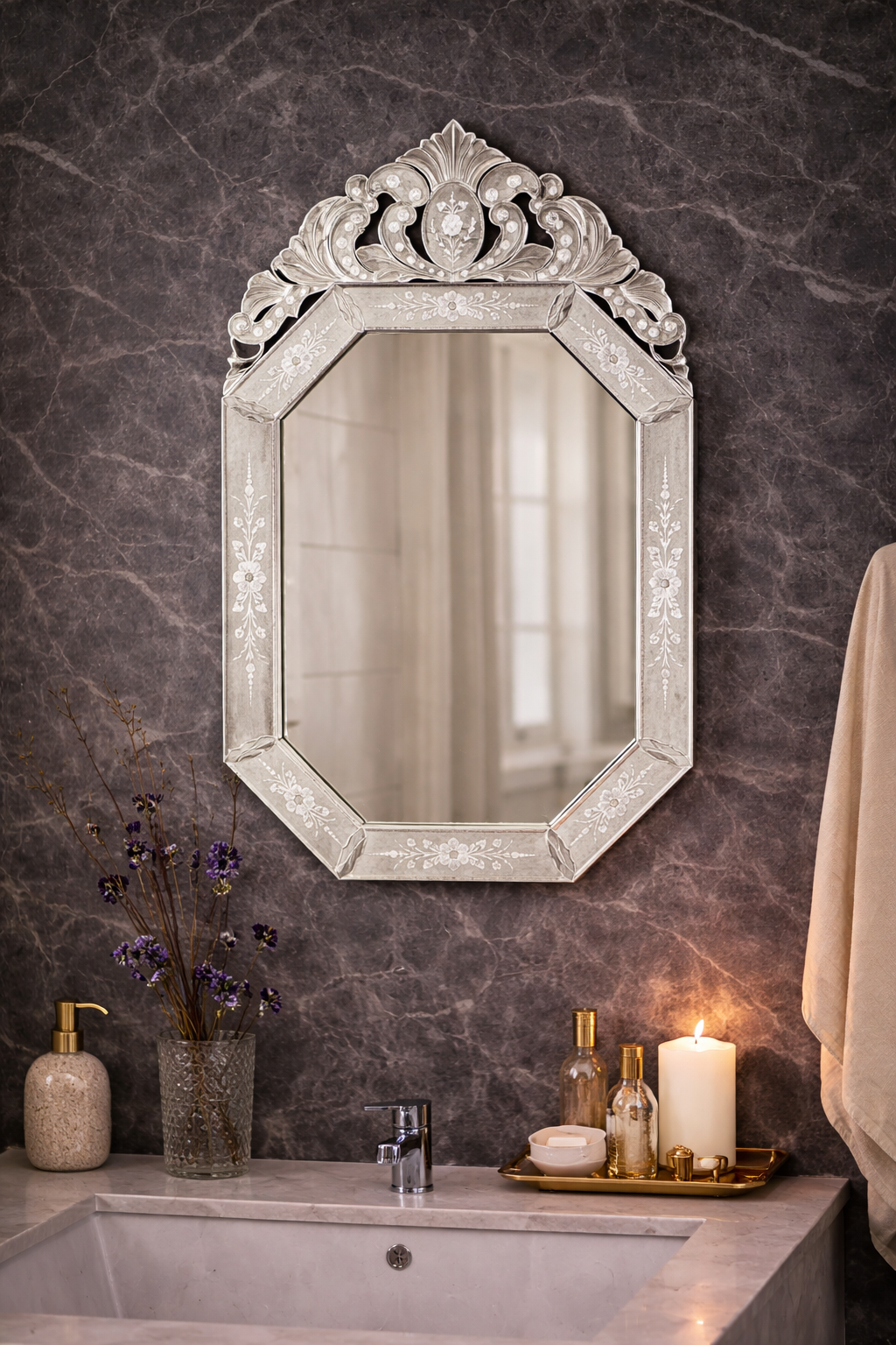 Crowned Floral Octagon Mirror thumbnail